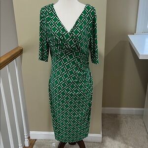 Lauren Ralph Lauren Green Geometric Faux Wrap Stretch Knit Dress Size 10 EUC